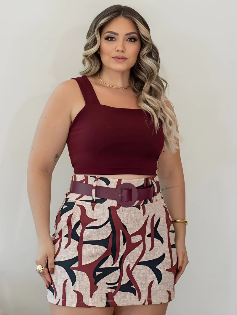 Conjuntinho Curve Fit ( Blusa Cropped + Short Saia e Cinto )